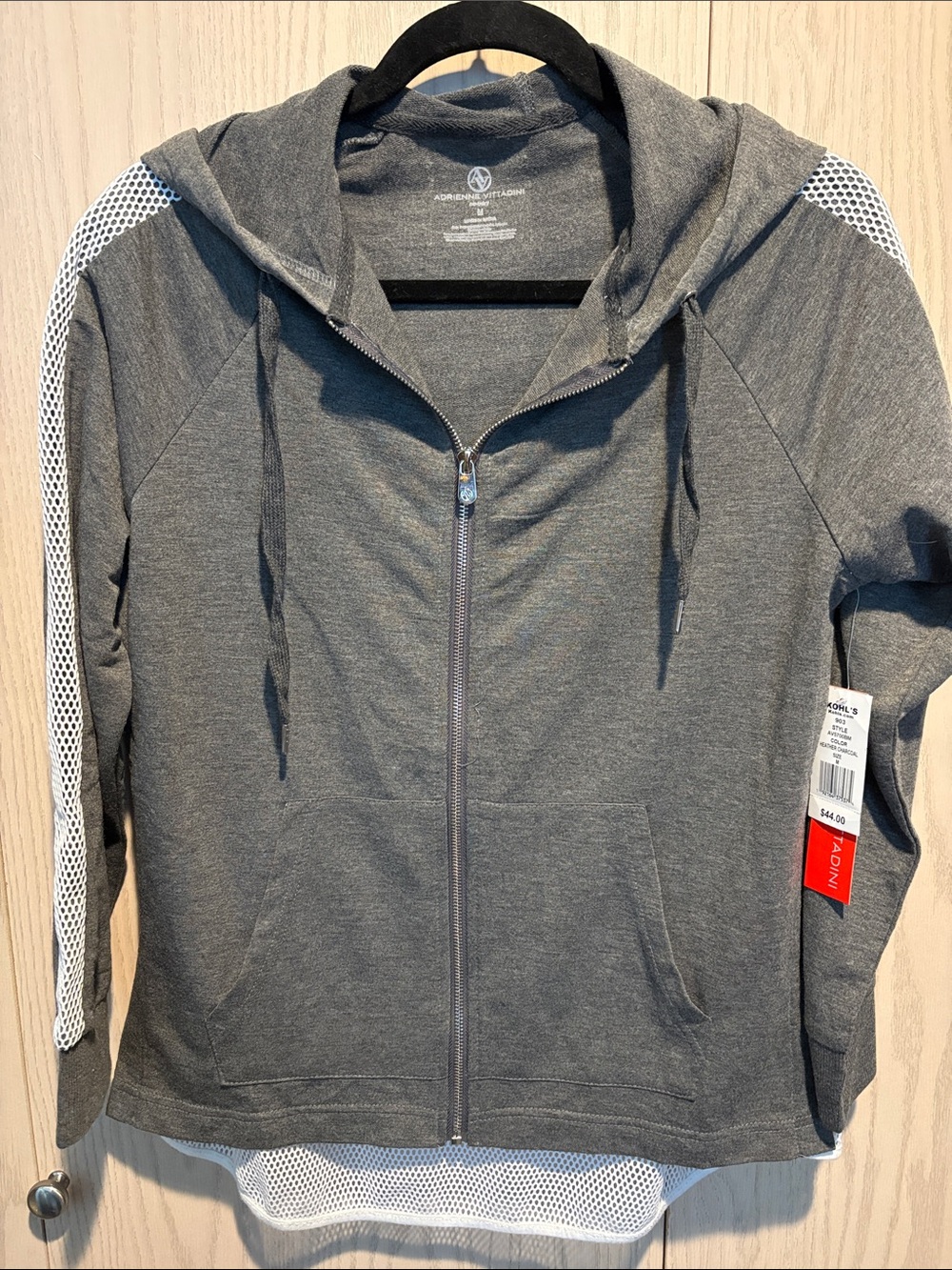 Adrienne Vittadini Gray Zip-Up Hoodie Jacket with White Mesh Trim